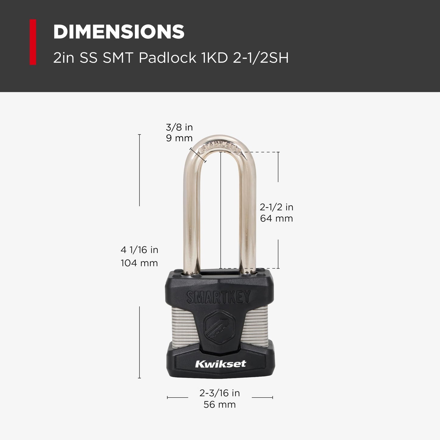 Kwikset SmartKey Re-Keyable Laminated Steel Padlock with Stainless Steel Shackle, Outdoor Gate and Storage Lock, 2 in Body, 2-1/2 in Shackle, 1 Pack, Silver