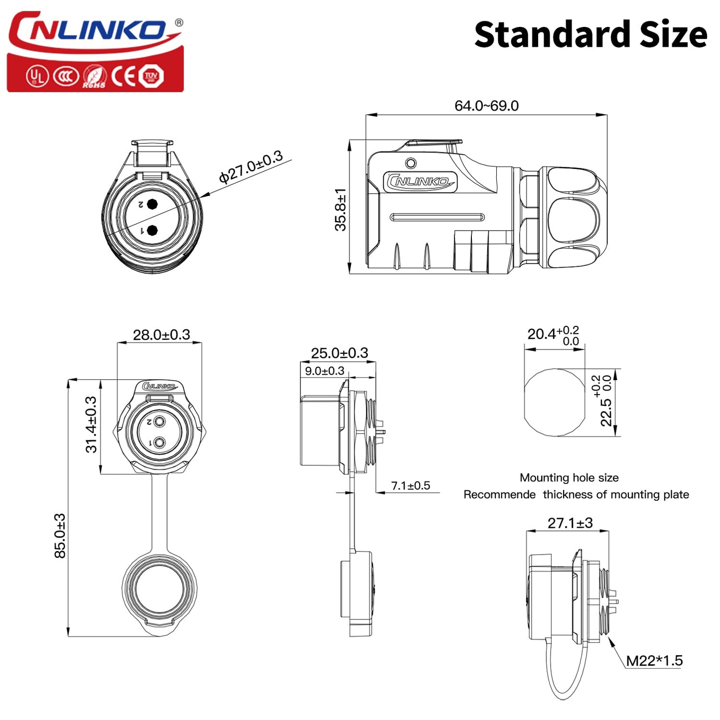 CNLINKO LP20 2 Pin Waterproof Connectors,IP68 Circular Connectors Fast Locking Plug,2-12 Pin Power Connector M20 Male Female Plug,LED Outdoor Lighting Connectors(2 Pin)