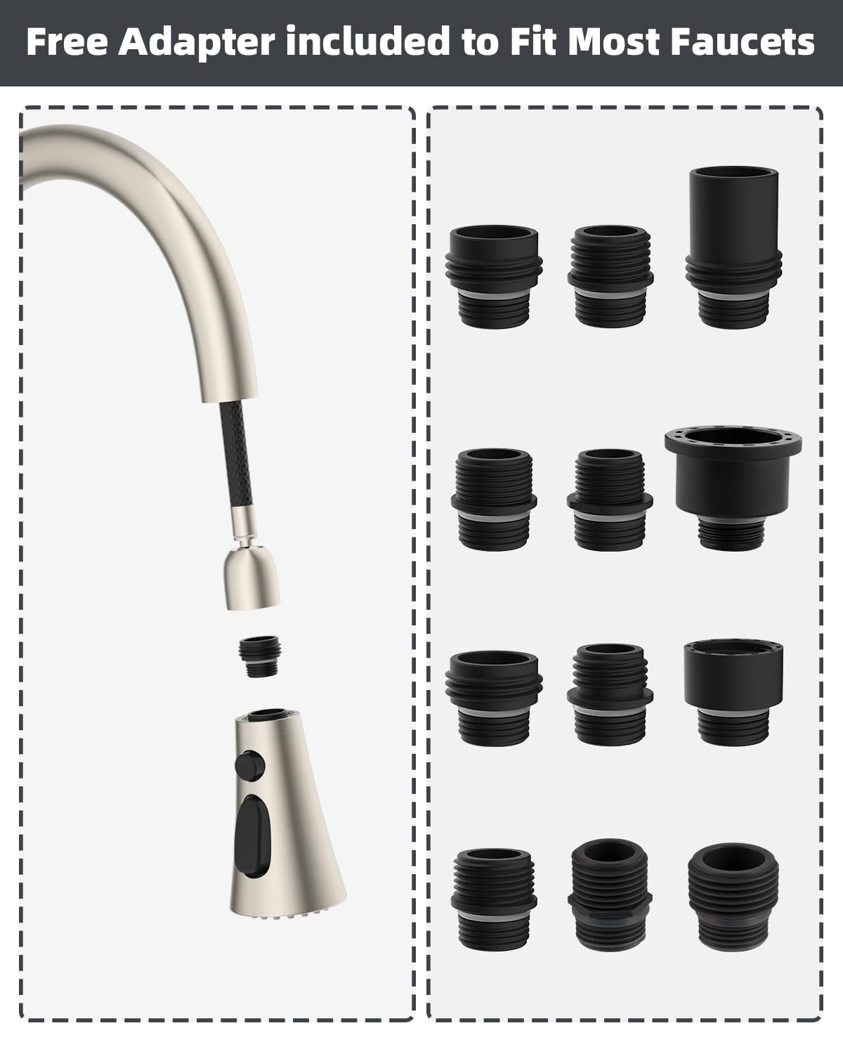 Hibbent Pull Down Kitchen Faucet Head Replacement, 3-Function Kitchen Faucet Head Sink Spray Nozzle with 12 Adapters Compatible with Moen, American Standard, Delta, Kohler Faucets, Brushed Nickel