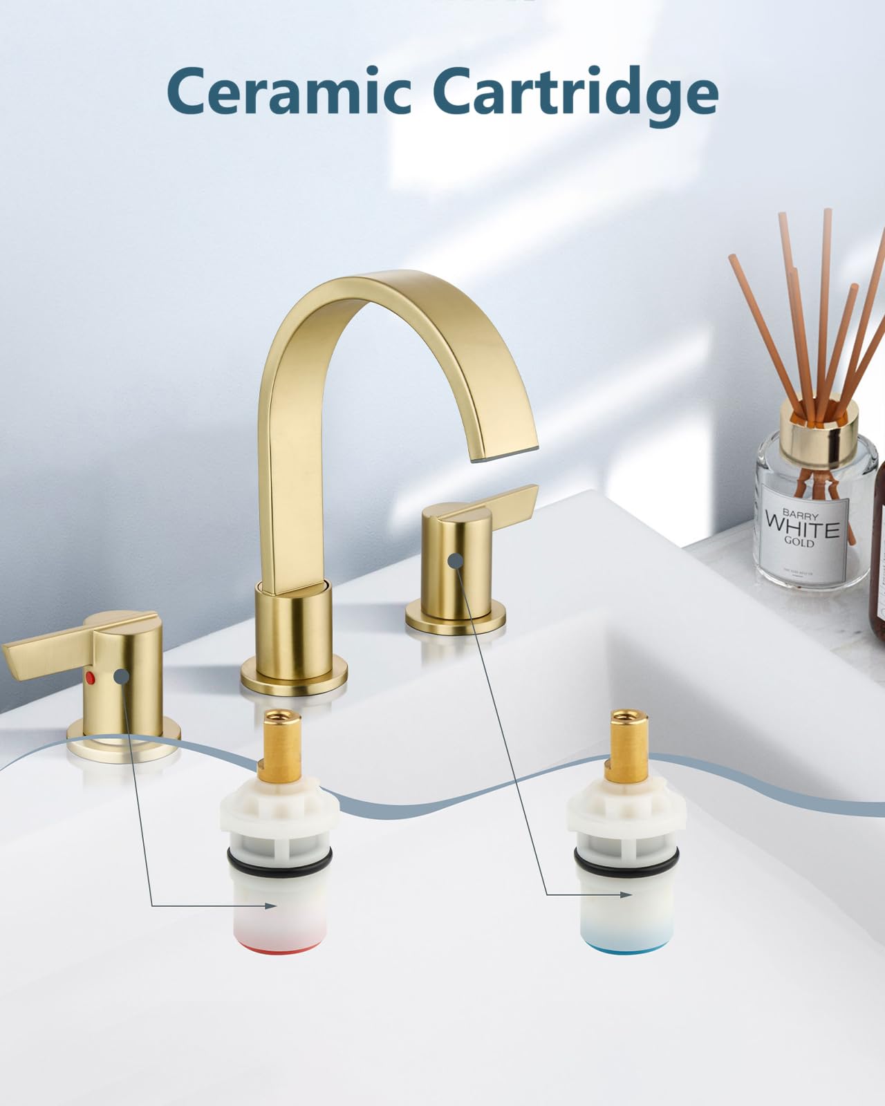 Aolemi 3 Hole Bathroom Faucet, 8 Inch Widespread Waterfall Sink Faucet, 2 Handle Vanity Faucet with Pop Up Drain and Supply Lines, Brushed Gold