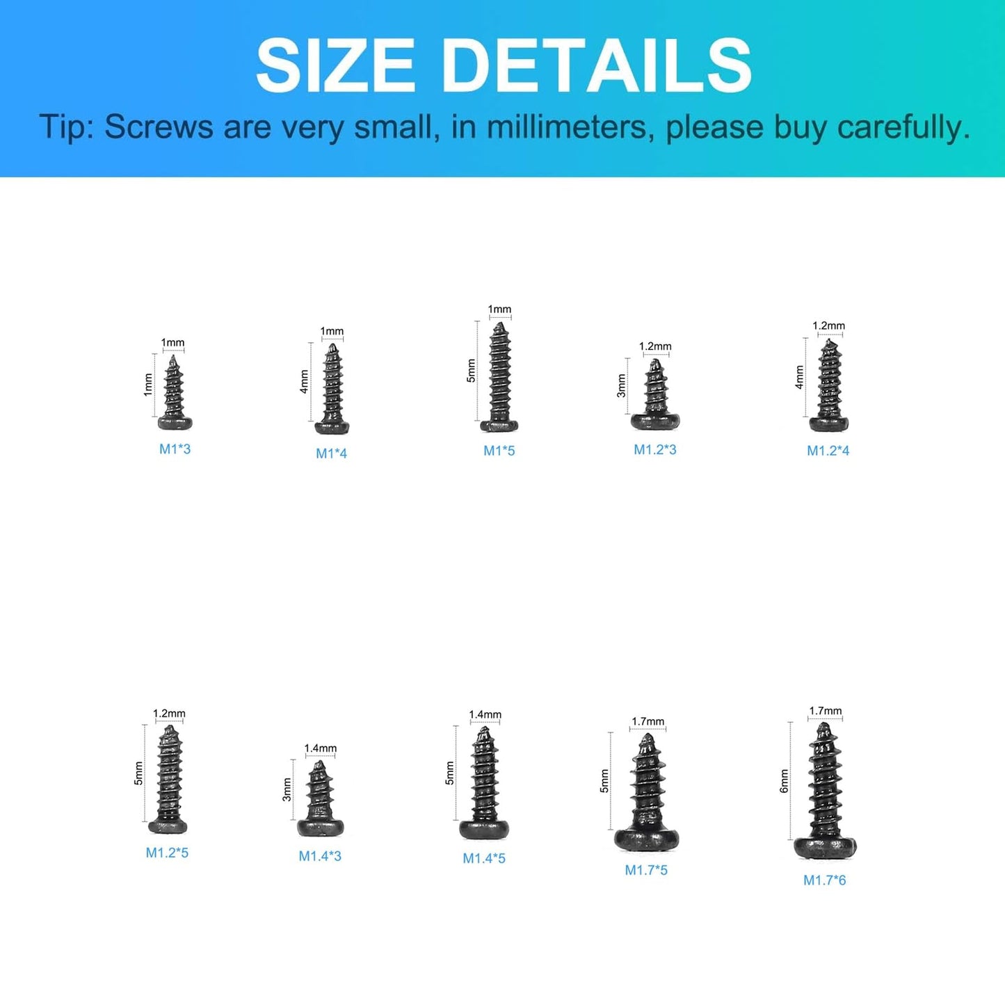 MEIYYJ 10 Kinds Small Multi-Purpose M1 M1.2 M1.4 M1.7 Phillips Head Micro Screws Self-Tapping Electronic Screws Assortment Kit Pack of 1000