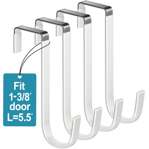Mars-Rock Over the Door Hooks 4Pcs L=5.5" Fit 1 3/8" Door Steel with White Rubber Coating Hanging Towel Robe Clothing Hanger for Bathroom Room Wreath Ironing Board Holder Cute Thin Single Heavy Duty