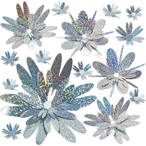 48 Pcs 3D Sequined Flower Wall Decor, Removable Silver Flower Stickers 2 Sizes 3 Styles, Holographic Decor for Kids Dorm Room Nursery Decor Birthday Decorations Toddler Girl Bedroom Decor(Silver)