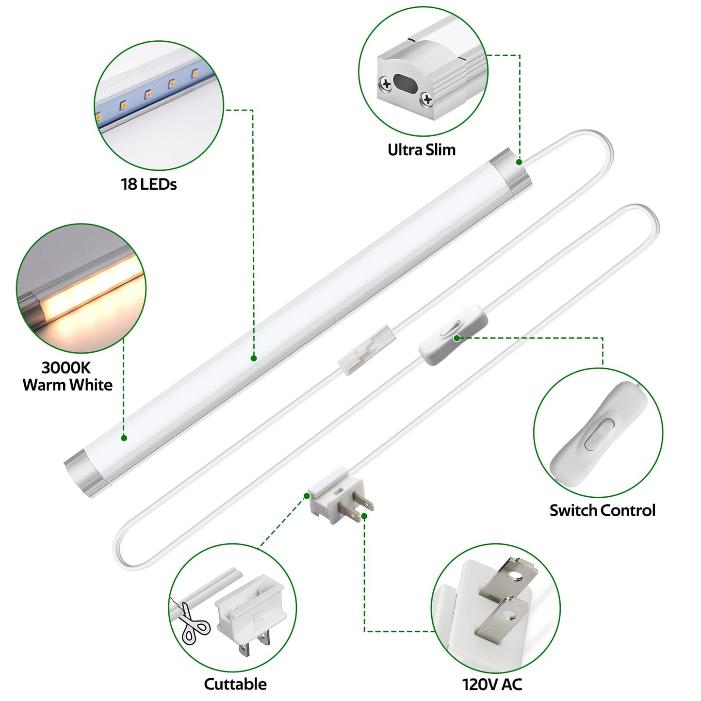 AIBOO Under Cabinet Lighting, Dimmable 12 inch Under Counter Lights, 120V Plug in & Hardwired, Linkable LED Closet Lights for Kitchen, Shelf, Workbench, Desk,Cupboard,Garage (12 PCS), Warm White 3000K