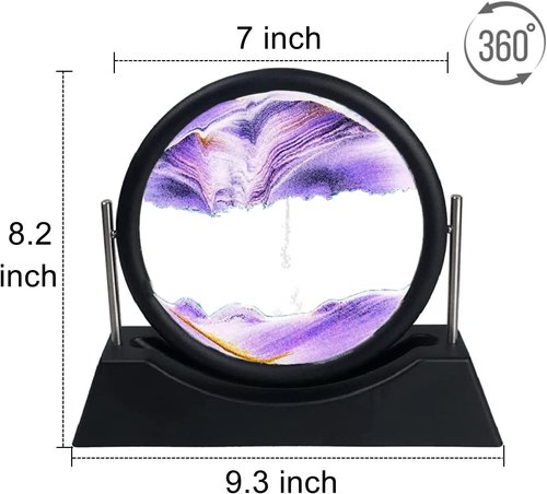 Oneshow Moving Sand Art Picture Flowing Sand Painting 3D Deep Sea Sandscape Liquid Motion Display 360° Rotation Round Glass Frame Relaxing Desktop Home Office Decor for Adult Desk Art (Purple)