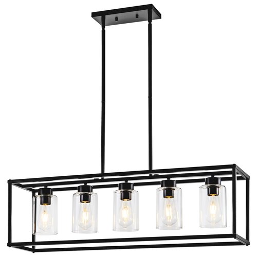 HCCZ 5 Light Dining Room Light Fixture Matte Black Farmhouse Chandelier Over Table Rectangular Kitchen Pendant Lighting Rectangle Modern Industrial Living Room Hanging Lights Adjustable Height