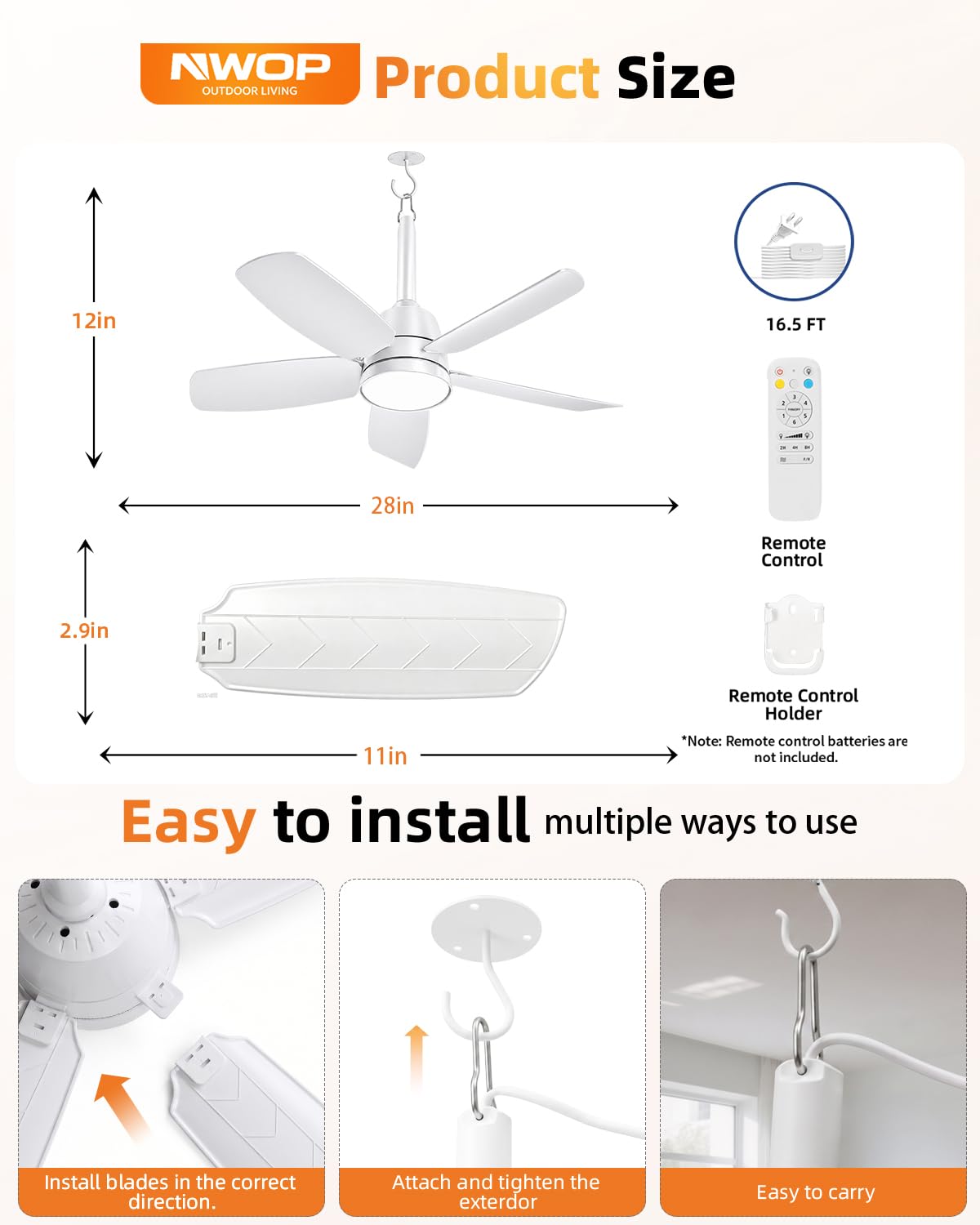 NWOP 28 Inch Plug-In Outdoor Ceiling Fan with Light and Remote, Waterproof Small Ceiling Fan for Patio Porch Balcony, 5 Blades Quiet Compact Ceiling Fan for Small Spaces, White