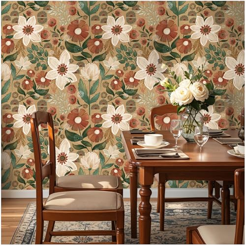 Floralplus Floral Peel and Stick Wallpaper Vintage Large Flower Wallpaper for Bathroom Boho Removable Wallpapers for Renter Adhesive Leaf Contact Paper for Kitchen Cabinet 17.5 x 118 in