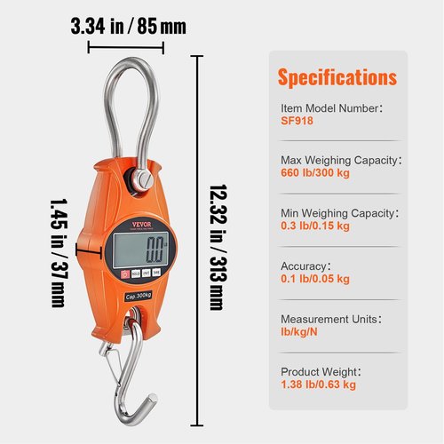 VEVOR Digital Crane Scale, Industrial Heavy Duty Hanging Scale with Cast Aluminum Case & LCD Screen, Handheld Mini Crane Scale with Hooks for Farm, Hunting, Fishing, Outdoor, 660 lbs/300 kg (Orange)