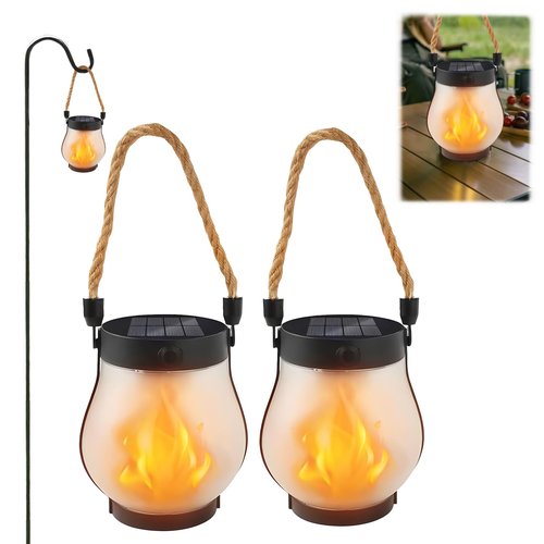 Dancing Flame Solar Lantern, Hanging Flickering Flames Garden Flames, Automatic Light Sensor, Waterproff Solars Flame Lantern Outdoor, for Yard Patio Porch Decor (Two)