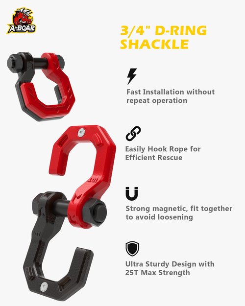A-BOAR 3/4" D-Ring Shackles, Heavy Duty Forged Steel Shackles with 7/8" Pin, Easy Open D-Ring Shackles Towing Winch Hooks for Recovery, Trucks, SUV, ATV, UTV, Off-Road Vehicles, Black Red