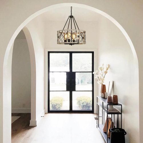 SANTOSTOCK D19'' Farmhouse Chandelier, 4-Light Adjustable Dining Room Light Fixture Kitchen Island Lighting, Rustic Hanging Lights for Entryway Foyer Bedroom Living Room, Black & White Oak