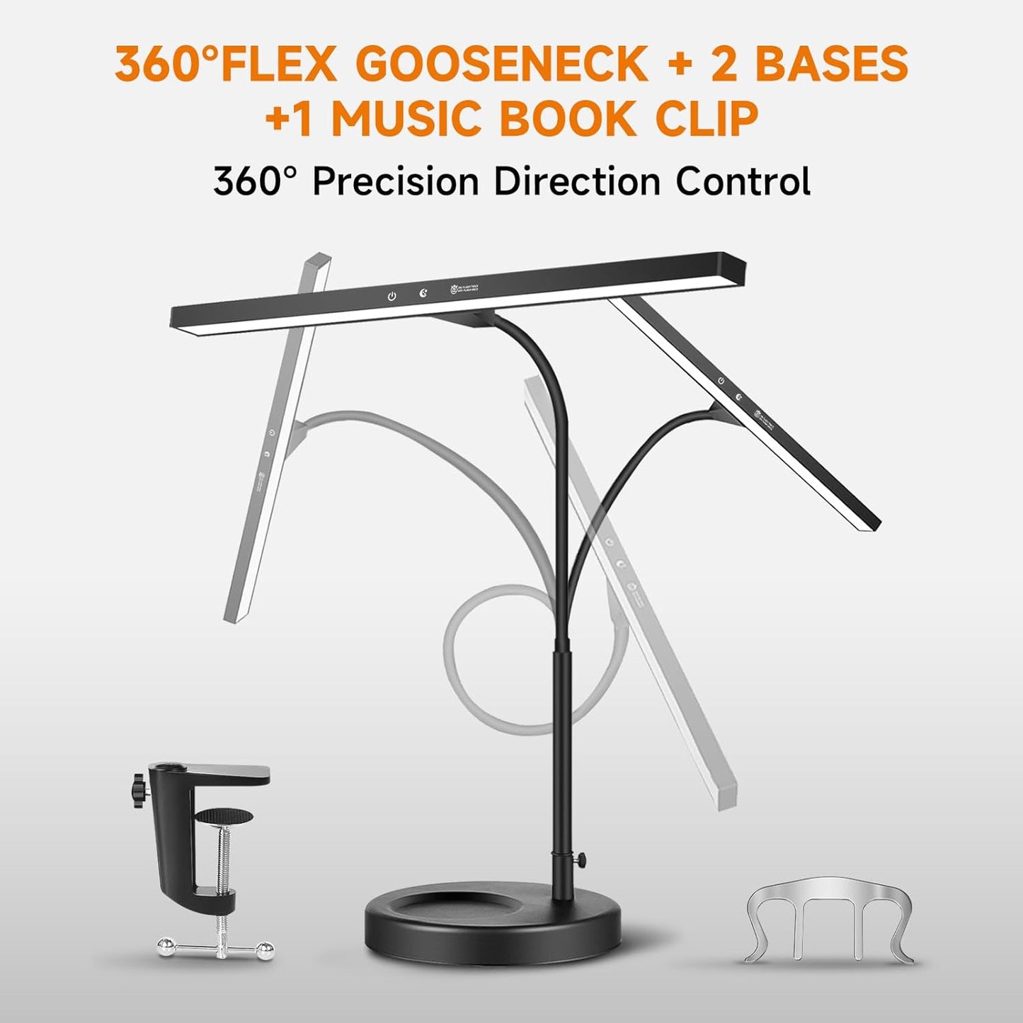 DUDUDU 17" Dimmable LED Piano Light, 2-in-1 Clamp Base Piano Lamp Flexible Gooseneck with 3 Colors Modes, Adjustable Height & Direction for Grand/Upright/Digital Pianos, Sheet Music & Studio Lighting