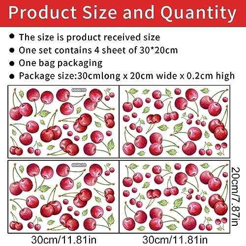 4 Sheets 96 Pieces Cherry Wall Decals Fresh Fruit Wall Stickers DIY Peel and Stick Green Leaf Cherry Wall Art Wallpaper for Bedroom Living Room Kid's Room Nursery Rental House Apartment Decoration