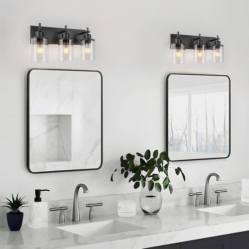 Lanhall 3-Light Black Bathroom Light Fixture Over Mirror Modern Farmhouse Bathroom Vanity Light Vintage Wall Lighting with Clear Glass Shade for Bathroom, Bedroom, Hallway, Cabinet