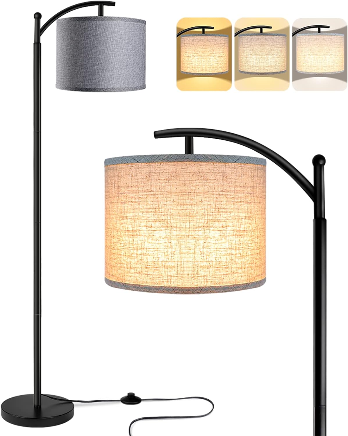 ROTTOGOON Floor Lamp for Living Room with 3 Color Temperatures LED Bulb, Standing Lamp Tall Industrial Floor Lamp Reading for Bedroom, Office (9W LED Bulb, Beige Lampshade Included) -Black