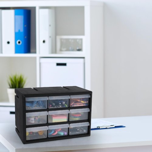 Morcte 9-Drawer Plastic Parts Storage Hardware and Craft Cabinet, Small Parts Organizer with Drawers, Black
