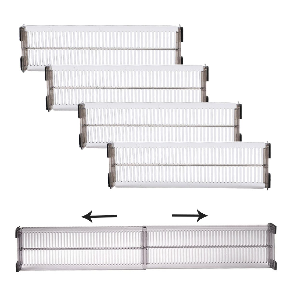 Znoogrn 4 Pack Drawer Dividers for Clothes, 10.8"-20'' Adjustable Drawers Organizers, Clear Drawer Separators for Dresser, Kitchen, Cosmetic, Office, Bathroom, Fridge