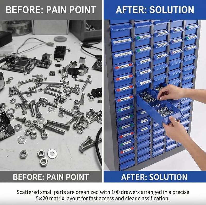100-Drawer Parts Storage Cabinet 26x9x46 in Heavy-Duty ABS Drawers | Nut & Bolt Organizer with 500 Dividers