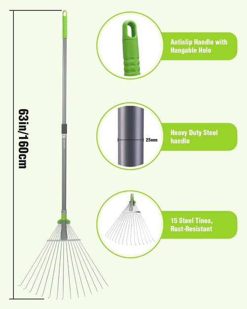 WORKPRO Leaf Rake for Gardening, Adjustable Metal Garden Rake for - Collapsible & Telescopic, Long Handle 32”- 63”, Heavy Duty Metal Rakes Tool for Garden, Yard, & Lawn