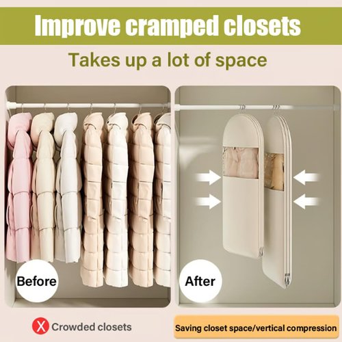 Space Saving Hanging Garment Bag with Self Compression Zipper, Space Saver Closet Organizers, Prevent Dust, No Taste, Space Saving Hanging Protector for Down Coat (Beige, X-Large)