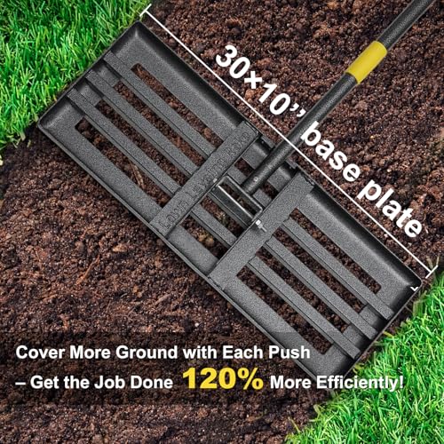 Cogardenshower Heavy Duty 30x10 Inch Stainless Steel Lawn Leveling Rake with Adjustable Handle, Reinforced Welds, Anti-Flipping Edge - 5FT Version