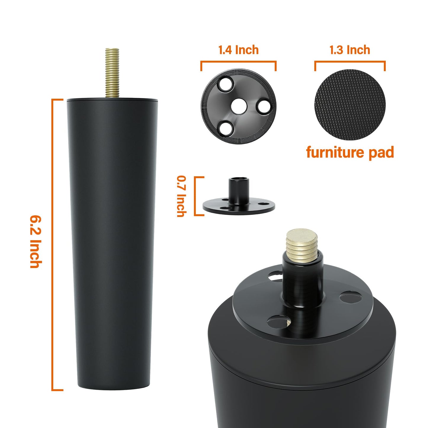 Aglaiprty 4 Pack 6 Inch Black Plastic Furniture Legs - Round Tapered Sofa/Couch/Chair Legs with M8 T-Nuts & Plate Nuts - Replacement Feet for DIY Projects, Coffee Tables, Dressers, Beds