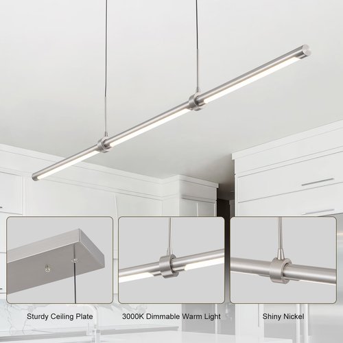 EDISLIVE Modern Linear LED Island Light Dimmable LED Chandelier 47.24 in Adjustable Linear Hanging Light Fixture 3000K 20W Pendant Light for Dinning Room Kitchen，Nickel