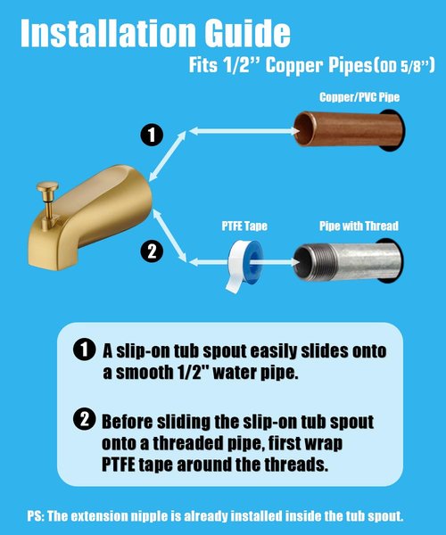FROPO Tub Spout with Diverter, Slip On Bathtub Spout Fits 1/2'' Copper Tube(5/8'' Dia), Bathroom Tub Faucet with PTFE Tape & Hex Wrench, Brushed Gold