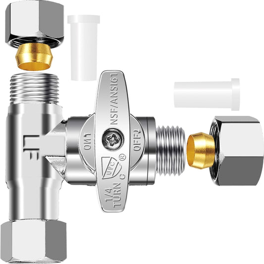 Tee Stop Valve - Lead-Free Add-A-Tee Valve 3/8 Inch x 3/8 Inch x 3/8 Inch,1/4 Turn Brass Extender Tee Connector with Built-in Sealing Gasket for Faucet,Glass Rinser,Dishwasher,Washing Machine