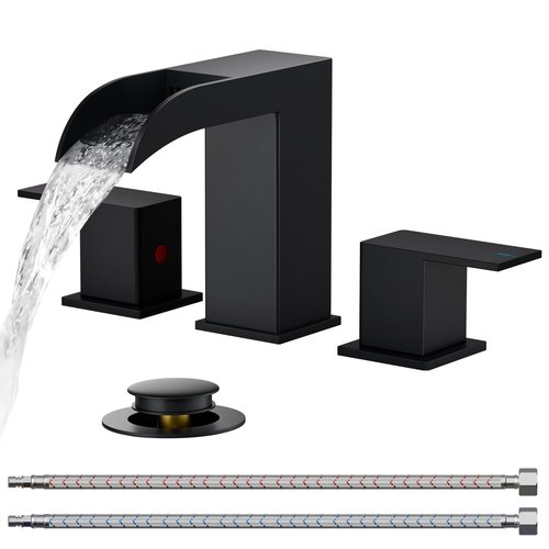 FORIOUS Square Matte Black Waterfall Commercial Bathroom Faucets 3 Hole, 8 Inch Widespread Bathroom Sink Faucet with Metal Pop-up Drain and Supply Lines, Two Handles for Vanity, Lavatory, Restroom