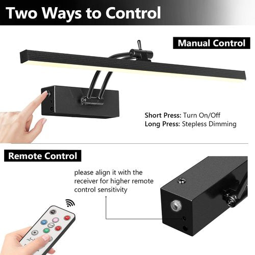 4Pack Rechargeable Picture Light, 5200mAh Black Battery Operated Picture Lights for Wall with Remote Control, 300LM 3000K Warm White Light 16" Metal Dimmable Picture Frame Light for Painting & Artwork