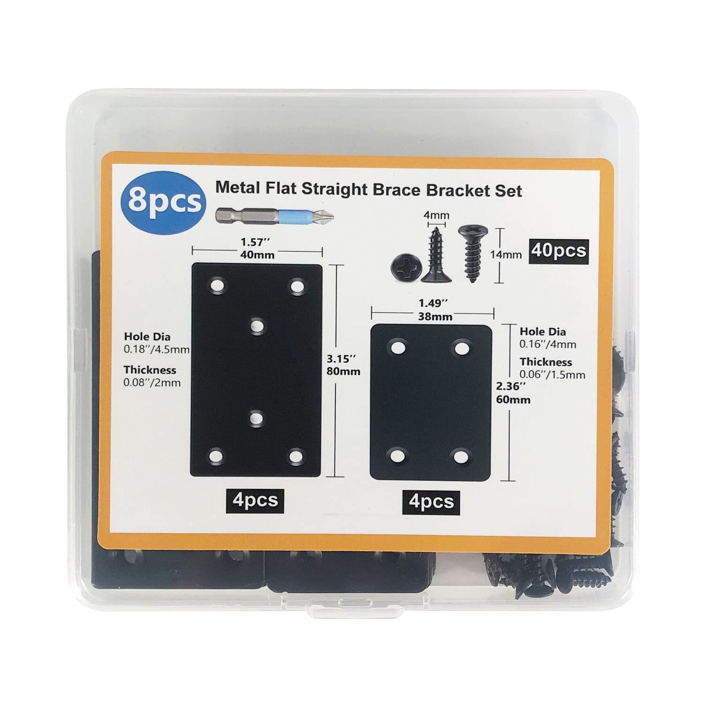 QSJ 8 Pack Black Flat Mending Plate 3.15x1.57‘’ & 2.36x1.49'', Stainless Steel Bracket, Straight Metal Brace Bracket, Fixing Joining Plate for Wood Furniture Fastening & Fixing