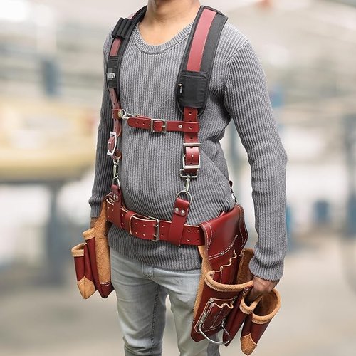 Leather Tool Belt Suspenders for Men – Adjustable Heavy Duty Work Harness with Padded Support for Construction & Electricians (Maroon)