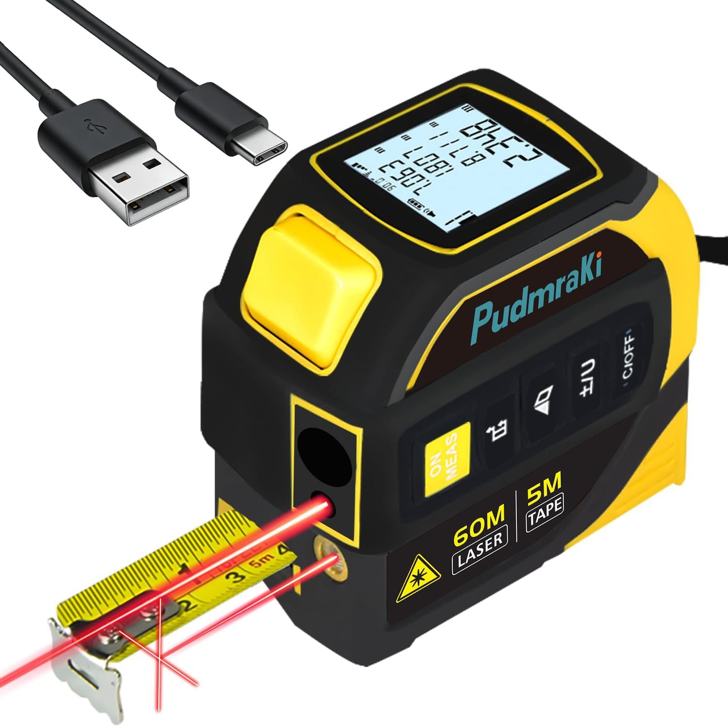 PudmraKi 4-in-1 Laser Tape Measure 196.85Ft Laser Ranging 16.4ft Digital Tape Measure Area, Volume Measurement, Pythagorean Mode, Waterproof and Rechargeable