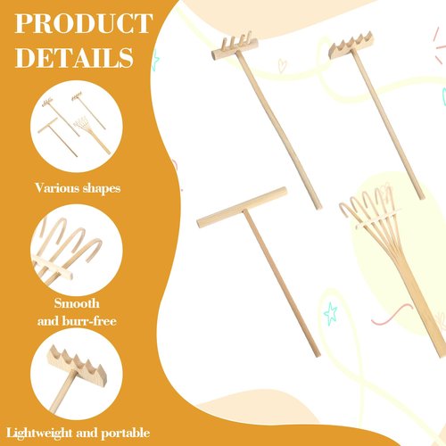 Nogeqi 4 Pack Mini Rake Bamboo Zen Garden Tools, Small Sand Rake, Mini Garden Tools, Rock Zen Garden Accessories for Home Office Tabletop Decor (4 Style)