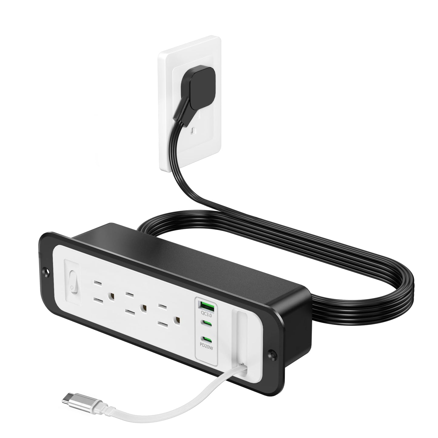 Recessed Power Strip with Retractable USB C Cable,2 PD 20W USB C,Flush Mount Countertop Drawer Outlet, Furniture Hidden Outlet for Side Table,End Table,3 Outlets (White and Black, 6FT-20W)
