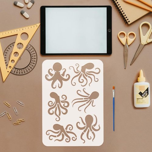 FINGERINSPIRE Octopuses Stencil with 1Pc Plastic Paint Brush 8.3x11.7inch Reusable Octopus Pattern Animal Theme Template for Painting on Wall Wood Fabric Canvas Furniture DIY Home Decoration