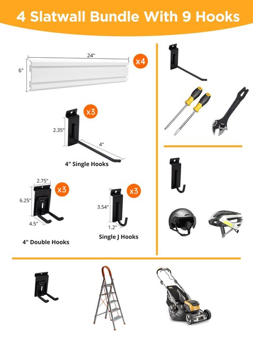 Slat Wall Paneling Garage Tool Organizer Wall Mount 4 Pack with Adjustable Metal Hooks 9 Pack, Garage Slat Wall Storage Systems Garage Storage & Organization Products, White Slatwall Total 96 inch