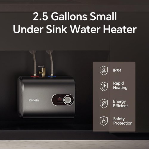 Ranein 2.5 Gallon Electric Mini Tank Water Heater, 120V 1440W Point of Use Small Instant Updated Model Hot Water Heater, Under Sink, Floor Mounted, for Under Sink, RV, and Compact Spaces