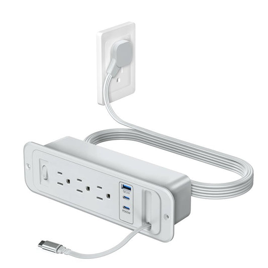 Recessed Power Strip with Retractable USB C Cable,2 PD 65W USB C Fast Charging,Flush Mount Countertop Drawer Outlet, Furniture Hidden Outlet for Side Table,End Table,3 Outlets (Grey, 6FT-65W)