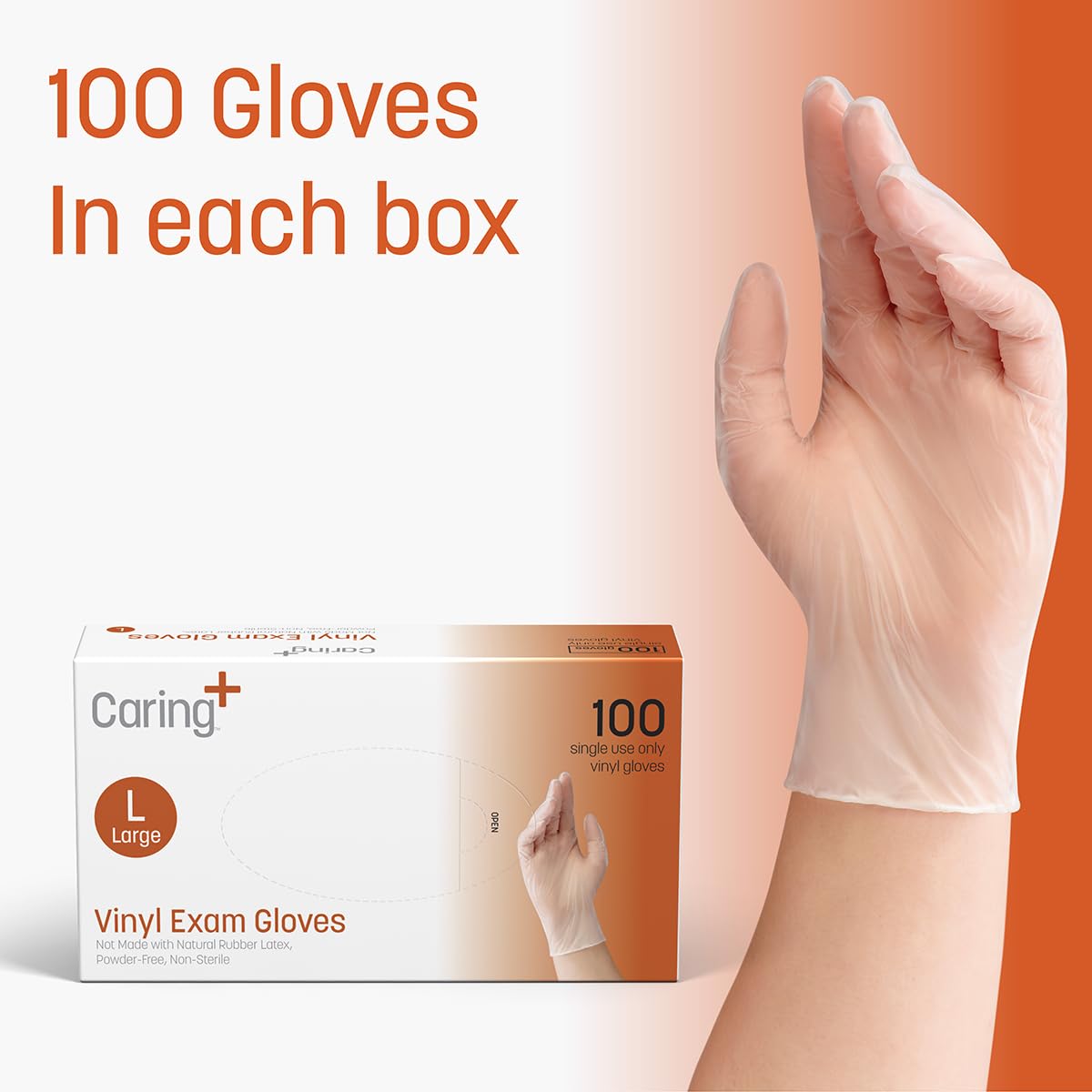 Caring Vinyl Exam Gloves (Medium, 100ct), Powder Free and Not Made with Natural Rubber Latex, Gloves for Medical Use, First Aid, Food Prep and More