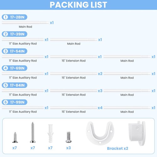Closet Rods for Hanging Clothes, 17 to 84 Inch Heavy Duty Stepless Adjustable Closet Hanging Rod, 1.3 Inch Diameter Metal Closet Rod for Wardrobes Laundry Bedroom RV