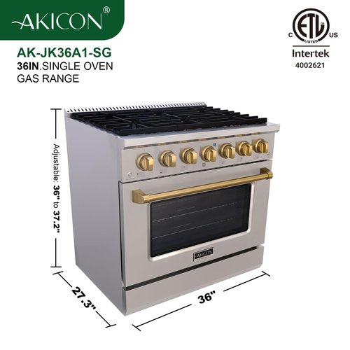 Akicon 36" Slide-in Freestanding Professional Style Gas Range with 5.2 Cu. Ft. Oven, 6 Burners, Convection Fan, Cast Iron Grates, & Blue Porcelain Oven Interior, In Stainless Steel with Gold