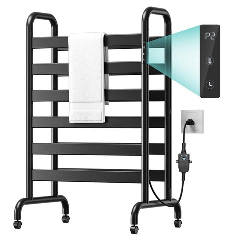 Zelngo Freestanding Towel Warmer Rack for Bathroom, Smart Electric Heated Towel Rack, 12 Bars Timer, Pulley Stand Alone Fast Heating, Constant Temperature Hard Wired/Plug-in Waterproof Black