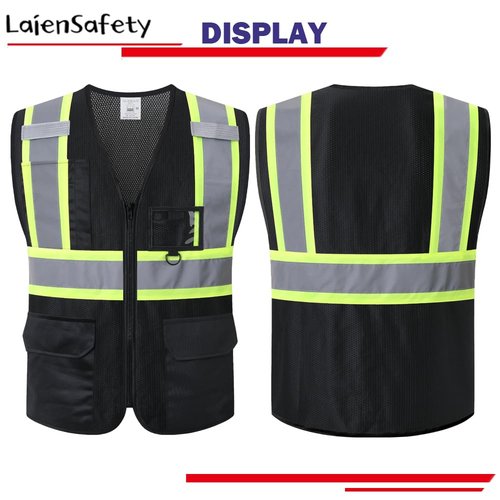 LaienSafety Safety Vest for Men Women,Mesh High Visibility Reflective Vest with Multiple Pockets and Zipper Front,Meets ANSI/ISEA Standards(EK1-178-Black-L)