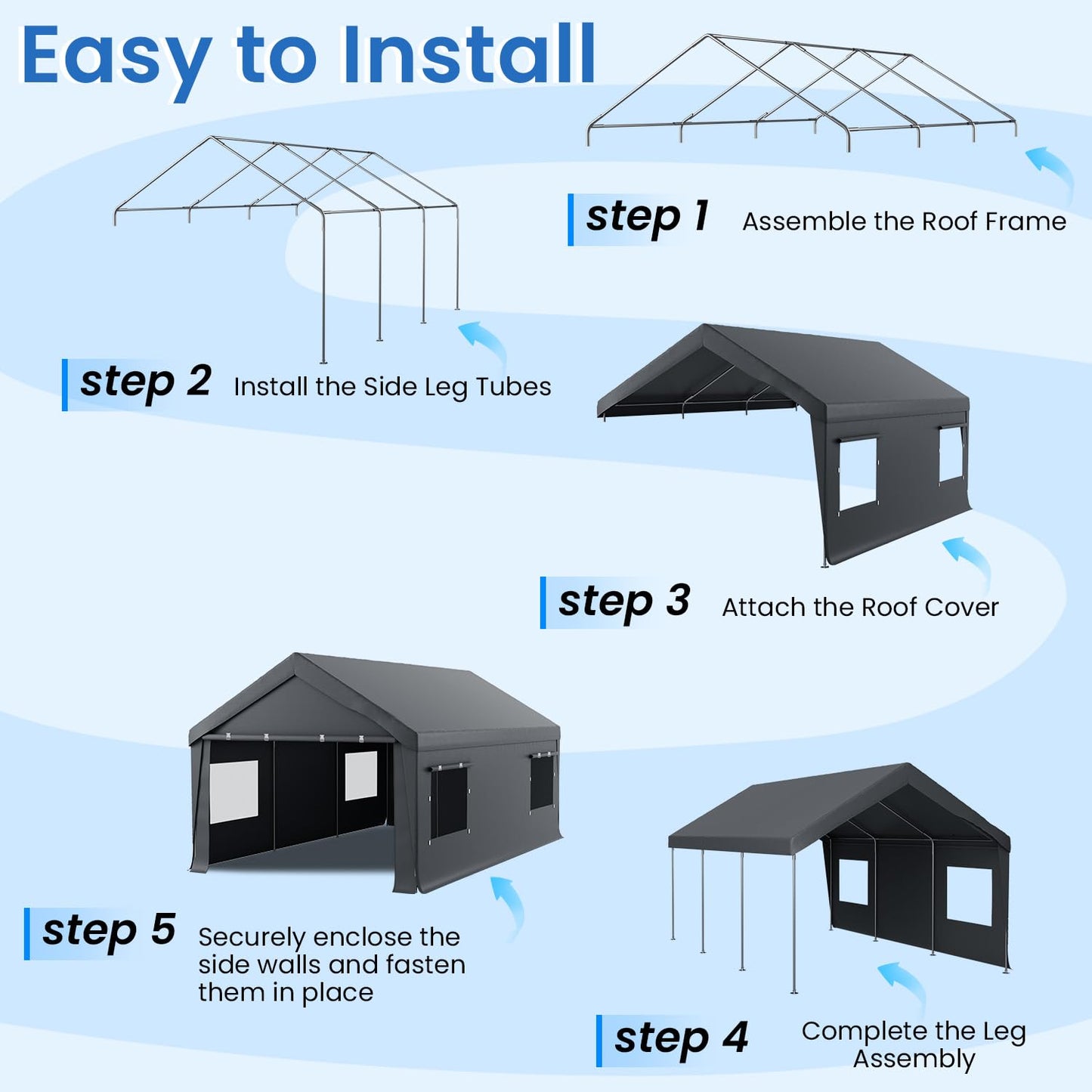 Bezseller 12x20 FT Heavy Duty Carport Canopy with Removable Sidewalls, Portable Garage Tent with Roll-Up Windows & Doors, Car Port with All-Season Tarp for Cars, Boats, Trucks, Motorcycles, Gray