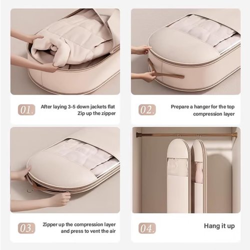 Space Saving Hanging Garment Bag with Self Compression Zipper, Space Saver Closet Organizers, Prevent Dust, No Taste, Space Saving Hanging Protector for Down Coat (Beige, X-Large)