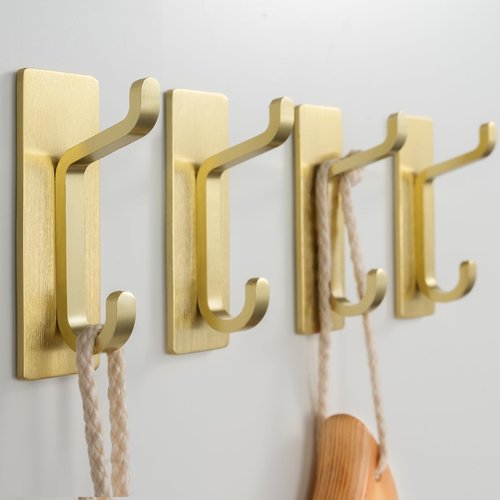 Josmimic Self Adhesive Wall Hooks for Hanging: Extra Strong 13 LB, Hook for Coat, Towel in Bathrooms, Shower, Kitchen, Wall, Door Hook, Gold 4 Pack