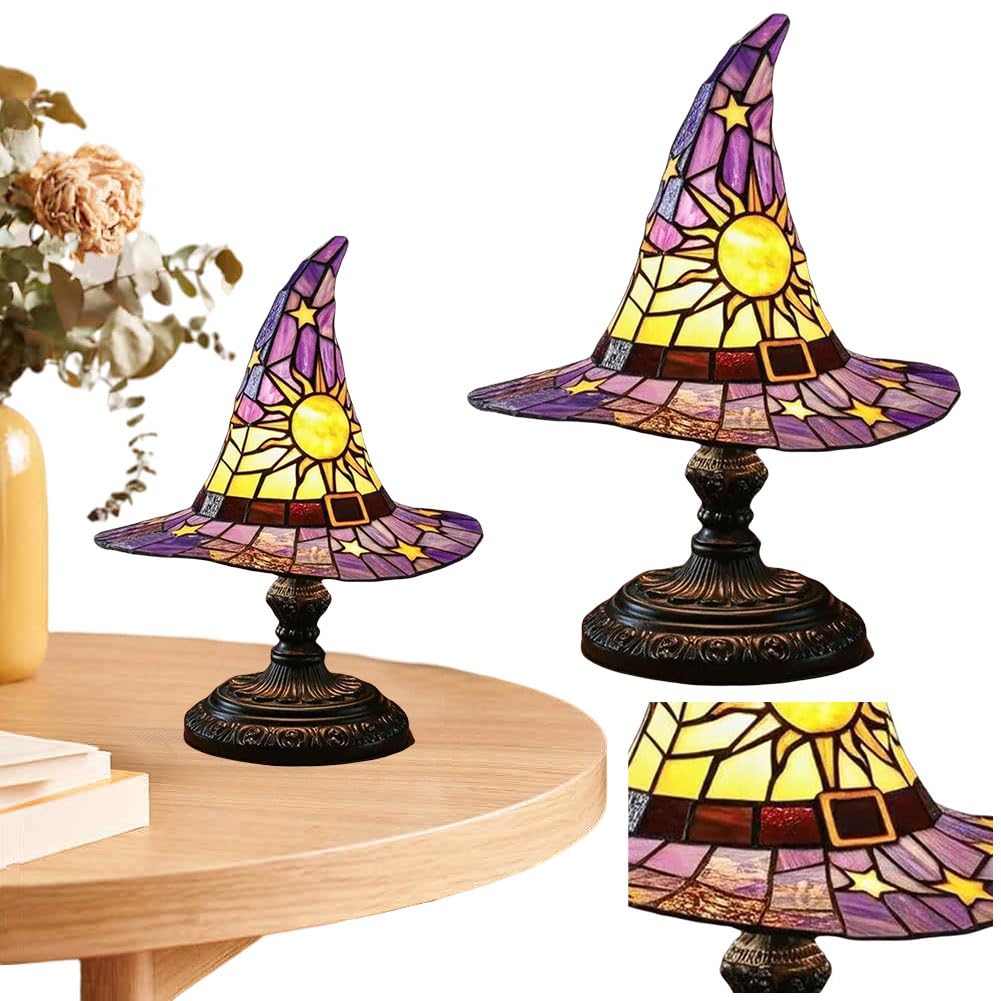 HatLeb Witch Hat Lamps, Handcrafted Stained Glass Resin Wizard Hat Light Gothic Table Lamp for Halloween Decor, Spooky Night Light for Bedroom and Indoor Parties, Unique Wiccan Gift